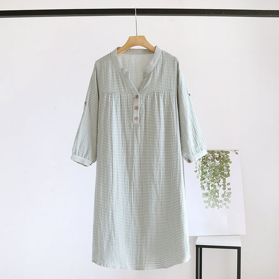 Voncos Cotton Women's Nightgown, Plaid 3/4 Sleeves V-Neck Midi Sleep & Lounge Dress, Button Cozy Loose Fit Loungewear Green XL