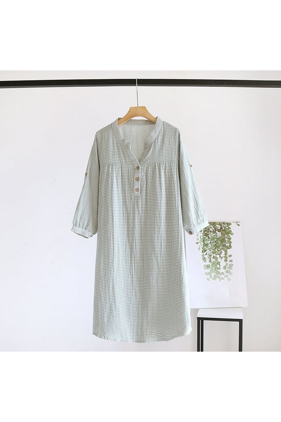 Cotton Women's Nightgown, Plaid 3/4 Sleeves V-Neck Midi Sleep & Lounge Dress, Button Cozy Loose Fit Loungewear Green XL