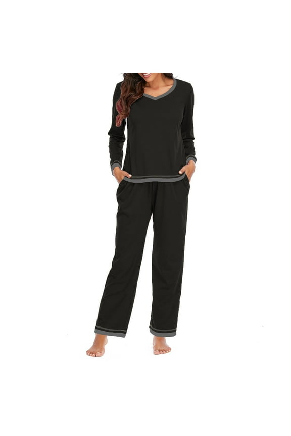 Cozy Pajamas for Women Long Sleeve Shirts and Pants Sleepwear 2 Pack Loungewear Outfit - Black