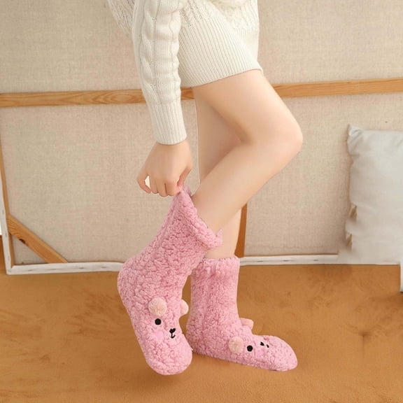 Voncos Cute Pink Plush Bear Socks for Women - 3D Bear Ear Fuzzy Mid-Calf Socks, Warm Skin-Friendly Elastic Free Size for Lounge & Casual Daily Wear