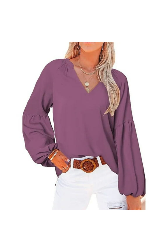 Fall Tops for Women Long Sleeve Purple Blouses Casual Pleated Dressy Tops Cleanrance M