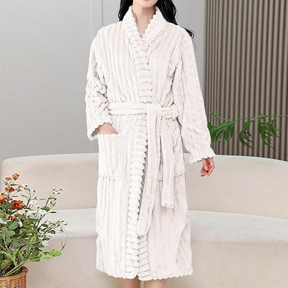 Voncos Flannel Bathrobe for Women Cozy Absorbent Fleece Robe Fluffy Warm Long Bath Robe with Pockets- Beige