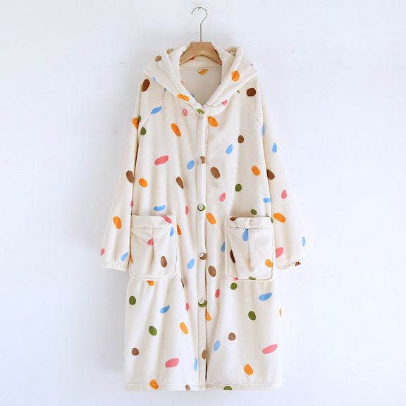 Voncos Flannel Bathrobe for Women Soft Warm Plush Nightgowns Hooded Robes Sleepwear with Pockets- Beige