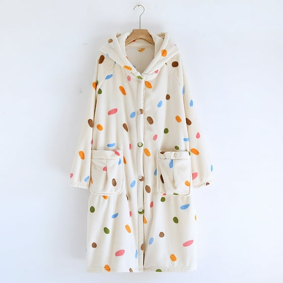 Voncos Flannel Bathrobe for Women Soft Warm Plush Nightgowns Hooded Robes Sleepwear with Pockets- Beige