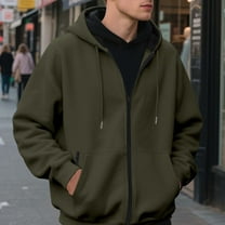 Fnnxeal Men's Fall Winter Jacket Fleece Hooded Windproof Lightweight Outdoor Zip Casual Work Travel Jacket Army Green Size L