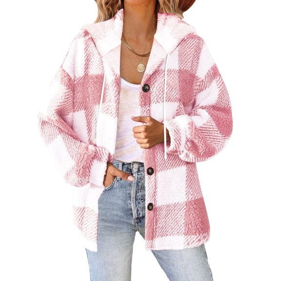 ZunFeo Fleece Jacket for Women Fall Winter Plush Hooded Jacket Warm Plaid Lightweight Faux Fur Cardigan Pink 4XL