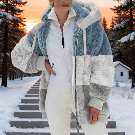 Voncos Fleece Jackets for Women Lightweight Warm Plush Winter Jacket Faux Fur Coat Outerwear with Hood Christmas Gift Gray S
