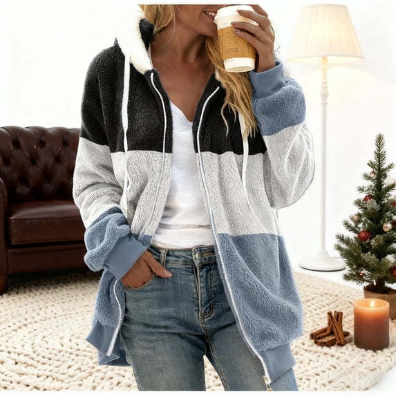 Voncos Fleece Jackets for Women Lightweight Warm Plush Winter Jacket Faux Fur Coat Outerwear with Hood Christmas Gift Multicolor S