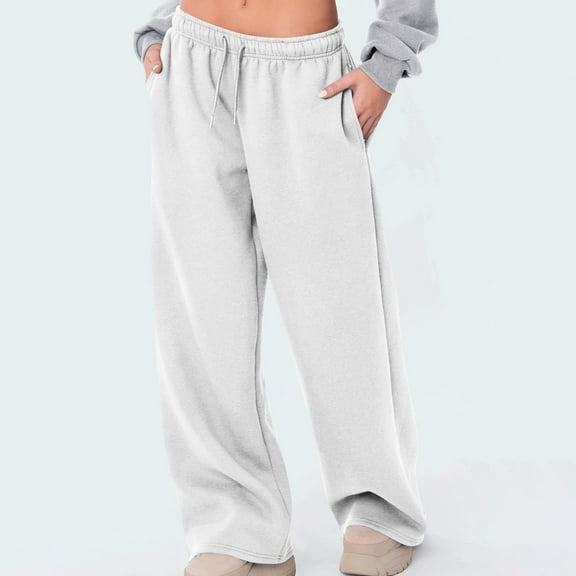 absuyy Fleece Lined Sweatpants Women Warm Plush Wide Leg Pants Elastic High Waisted Trousers 2025