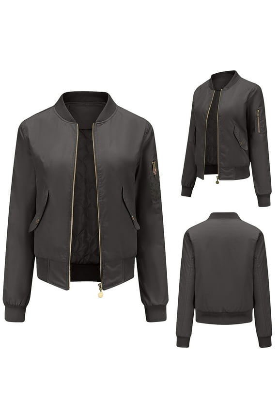 Jackets for Women 2024 Solid Color Slim Zipper no hoods Warm Velvet Long Sleeve V Neck Bomber Jacket Black Size L