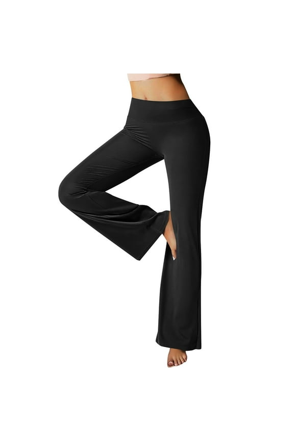 Juniors High Waisted Flare Pants - Stretchy Polyester-Spandex, Tummy Control, All-Day Comfort, Versatile Black Pants for Yoga/Casual L,Size L