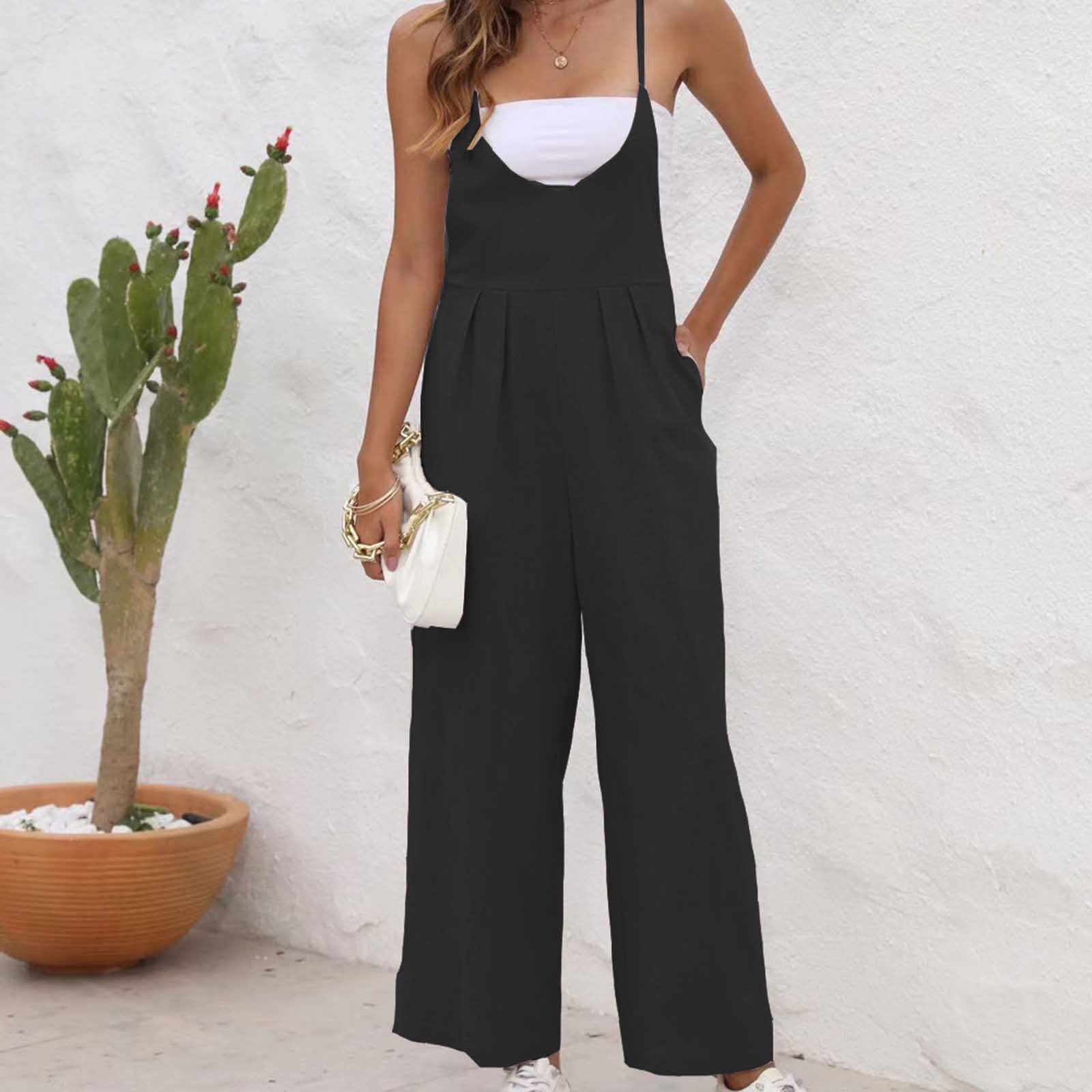 Voncos Ladies Summer Pants Fashion Women Casual Sold Color Shoulder Button Suspender Jumpsuits