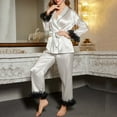 thumbnail image 1 of Voncos Long Sleeve Silk Pajamas Sets for Women Cozy Lace-uo Tops and Pants 2 Piece Sets Ruffles Satin Sleepwear Outfit- White, 1 of 7