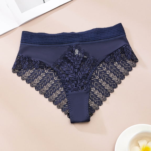 Voncos Navy Lace Underwear for Women - Stretchy Polyester Spandex Low/Mid-Rise Panties with Anti-Slip Waistband, Semi-Sheer Leaf Design for Daily & Romantic Occasions,Size S