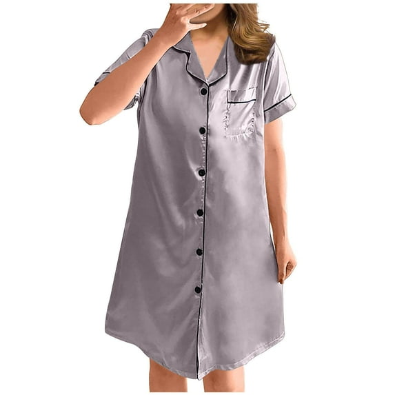 Voncos Nightgowns for Women Short Sleeve Button Up Silk Shirt Loose Gifts Solid Color Womens Lounger Sleep Dress Silver Size XXL