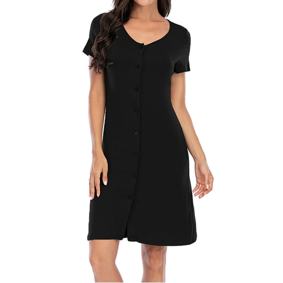 Voncos Nightgowns for Women Short Sleeve Solid Color Gifts Button Sleeping Skirt Womens Lounger Sleep Dress Black Size L
