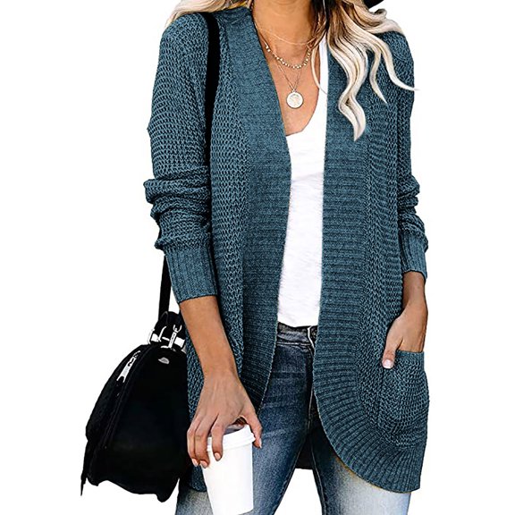 VONCOS Knit Cardigans for Women Soft Warm Open Front Long Cardigan with Pockets V-neck Loose Fall Tops