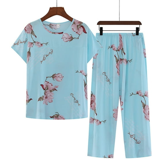 Voncos Pajama Sets for Women 2 Piece Round Neck Short Sleeve Printed Tops Pants Set Multicolor Size 4XL