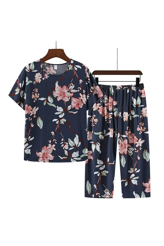 Pajama Sets for Women Soft 2 Piece Short Sleeve Round Neck Printed Tops Pants Set Multicolor Size 4XL