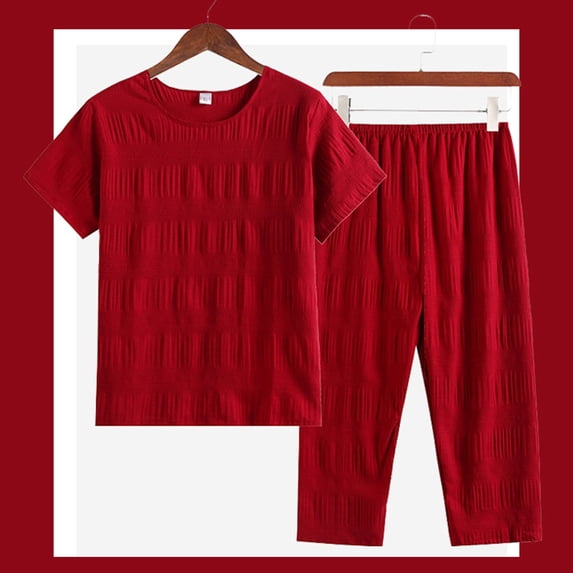 Voncos Pajama Sets for Women Soft 2 Piece Short Sleeve Round Neck Solid Color Tops Pants Sleepwear Set Red Size 3XL