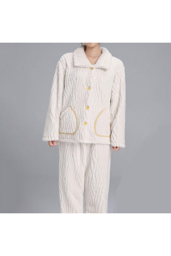 Pajamas for Women Winter Solid Color Thickening Warm Cardigan Pajamas Suit Set Coral Fleece Comfortable Soft Lapel Long Top Pants Pajama Set White Size L