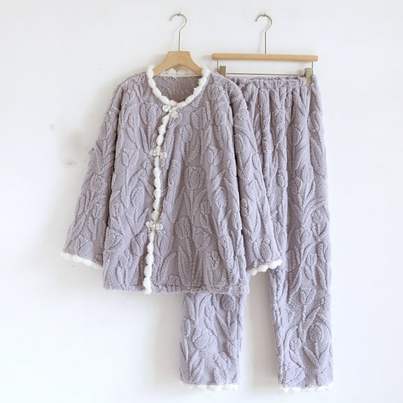 VONCOS Pajamas for Women V-neck Printed Pajamas With Foldable Long Sleeves Winter Comfy Soft with Long Pants Sets Purple Size L