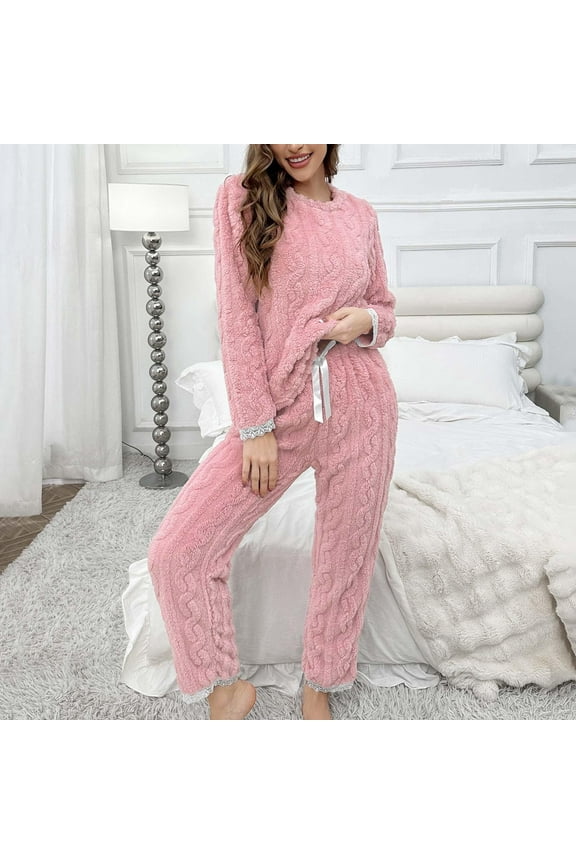 Pajamas for Women Warm Plush Round-Neck Plush Elastic Waist Winter Comfy Soft with Long Pants Sets Pink Size M