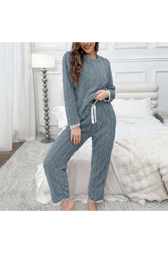 Pajamas for Women Winter Comfy Soft Warm Plush Round-Neck Plush Elastic Waist with Long Pants Sets Navy Size M