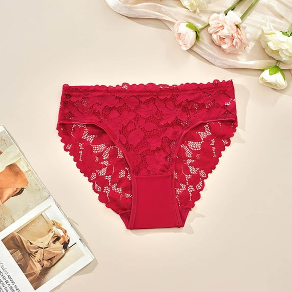 Voncos Plus Size Feminine Lace Underwear for Women - Red, Breathable Stretch Comfort Panties with Scalloped Edge, 1XL-4XL,Size 2XL