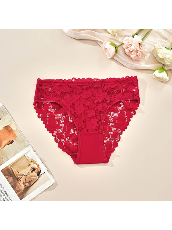 Plus Size Feminine Lace Underwear for Women - Red, Breathable Stretch Comfort Panties with Scalloped Edge, 1XL-4XL,Size XL
