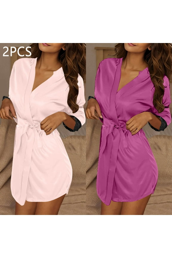 Satin Robe 2 Piece Set for Women-3/4 Sleeve Lace-up Midi Kimono Nightgown, Stretchy Silky Loungewear for Bridal Party Gift Beige S-M