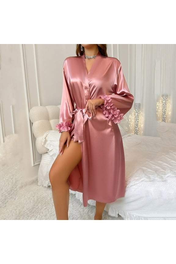 Satin Robe for Women, Elegant Midi Silk Kimono Robes, Tie Waist Flower Cuffed Mid-Length Sleep Dress, Perfect for Bridesmaids & Loungewear Pink S