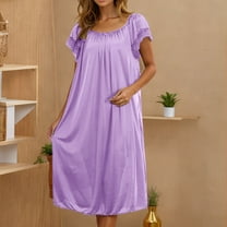 VONCOS Silk Nightgowns for Women Short Sleeve Lace Nightgowns Loose Cozy Long Sleep Dress Purple