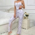 thumbnail image 1 of Voncos Silk Pajamas for Women Sexy Floral Breathable Camisole Sleepwear 2 Piece Sets Spaghetti Straps Tops and Pants Outfit- Purple, 1 of 3