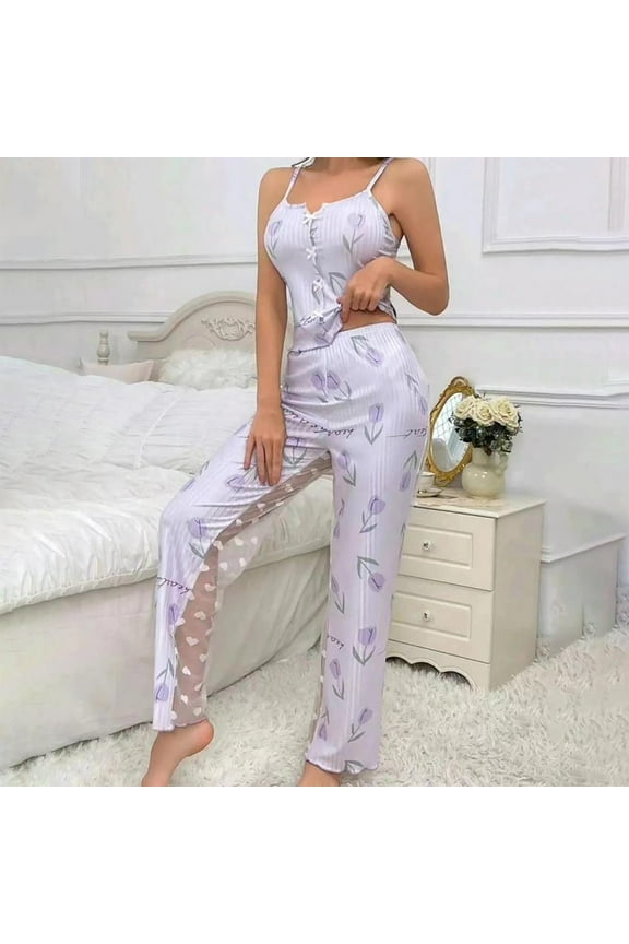 Silk Pajamas for Women Sexy Floral Breathable Camisole Sleepwear 2 Piece Sets Spaghetti Straps Tops and Pants Outfit- Purple