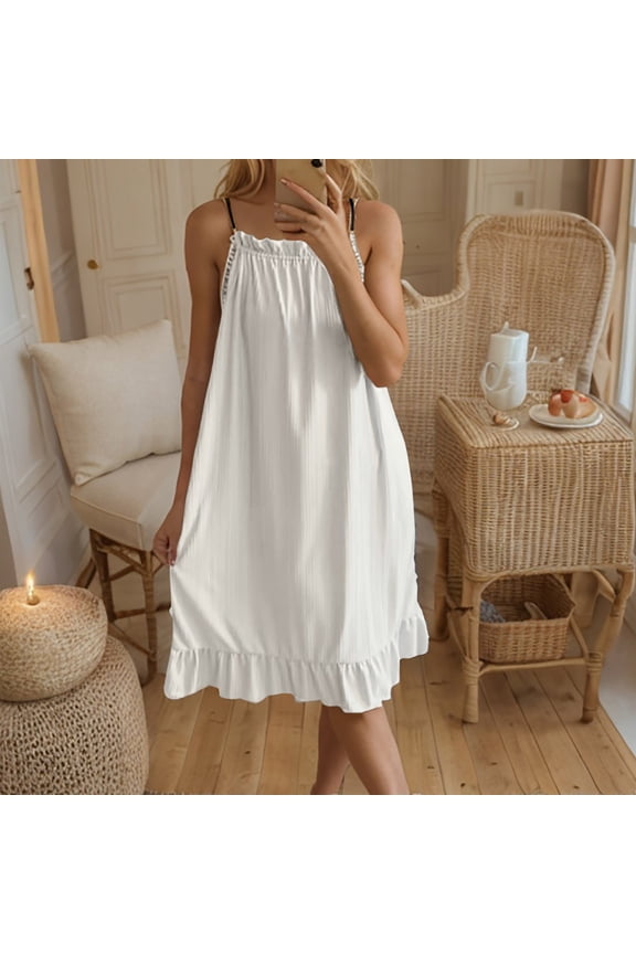 Sleeveless Nightgowns for Women Pleated Spaghetti Strap Nightgown Loose Long Sleep Dress - White