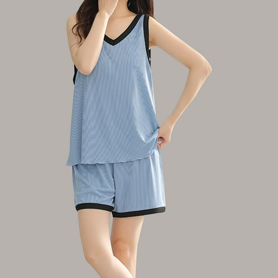 Voncos Sleeveless Pajamas for Women Plus Size Cozy Loungewear Tank Tops and Shorts 2 Piece Sleepwear with Padding- Sky Blue
