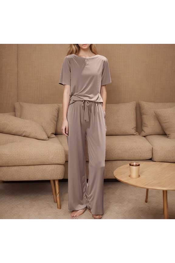 Soft Pajamas for Women Short Sleeve Tops and Pants Loungewear Cozy 2 Piece Sleepwear Outfit Sets - Gray