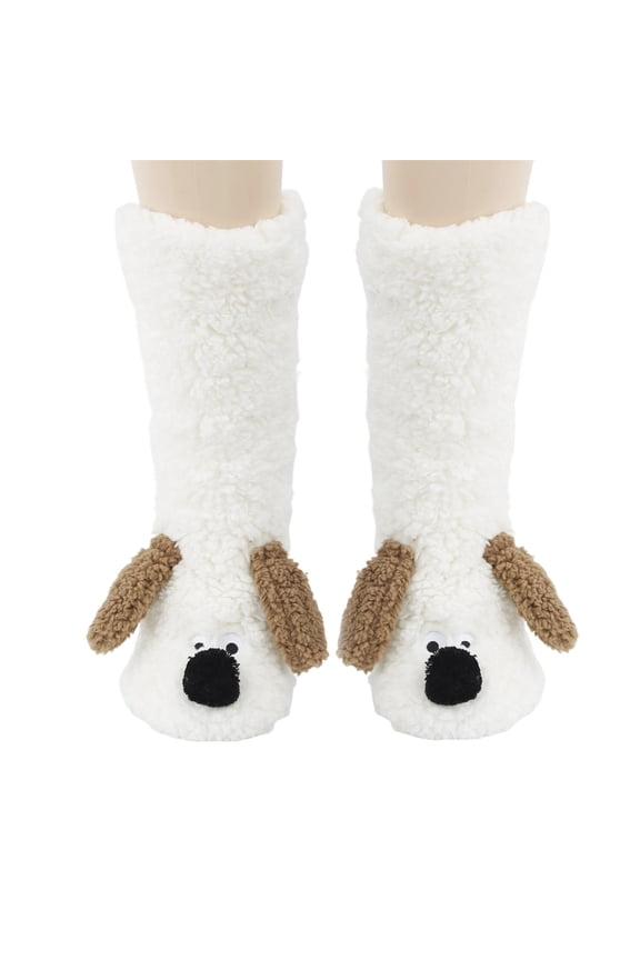 Soft White Plush Dog Socks for Women - Fuzzy Mid-Calf Cozy Socks with 3D Dog Details, Elastic Non-Slip Cuff, One Size Fits Most Fall Winter Home Lounge