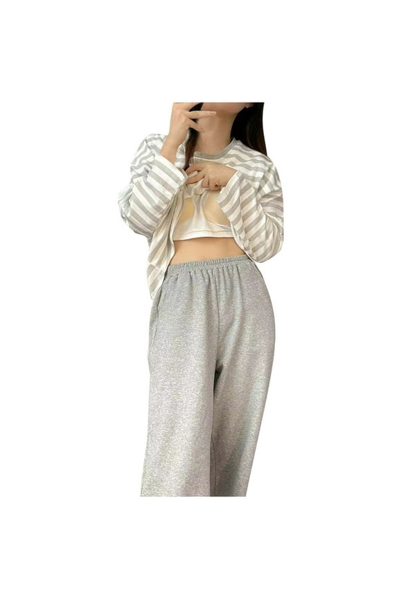 Striped Pajamas Sets for Women Long Sleeve Sleepwear 2 Piece Sets Cozy Loungewear Outfit with built-in padding- Gray