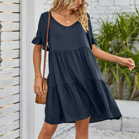 Voncos Summer Dresses for Women Casual Pleated A-line Dress Boho Beach Sundress Mother's Day Gift