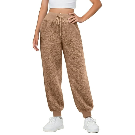 Voncos Teddy Fleece Pants for Women Soft Warm High-Waisted Loose Fit Cuffed Ankle - Fall Winter Lounge/Daily Wear, Khaki M,Size M