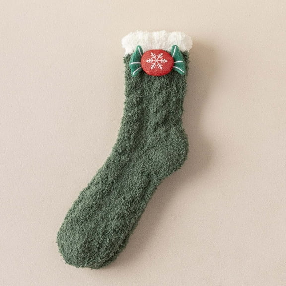 Voncos Unisex 100% Cotton Christmas Socks, Army Green Festive Socks with Fluffy Cuff & Snowflake, Warm Holiday Stocking Stuffer One Size Fits Most