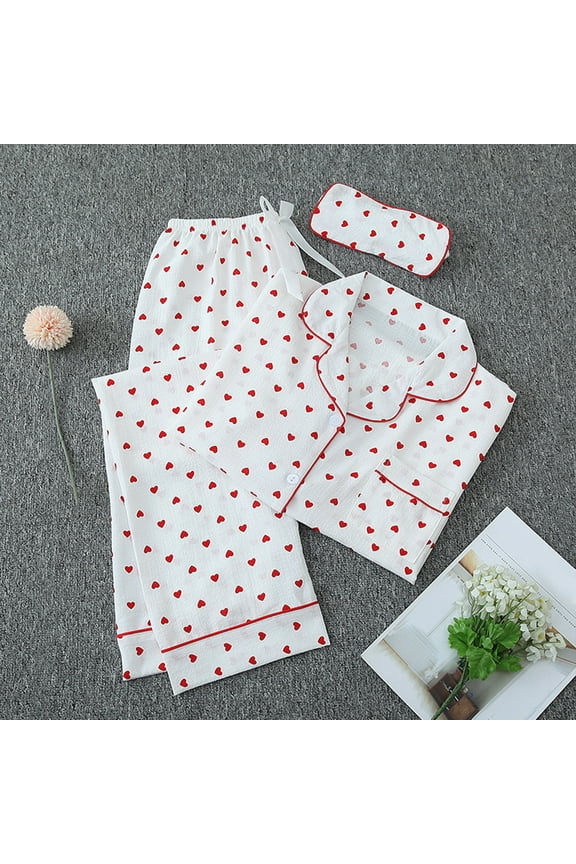 Valentines Day Pajamas Sets for Women 3 Pack Cozy Sleepwear Long Sleeve Button and Pants Outfit with Sleep Masks Women- White