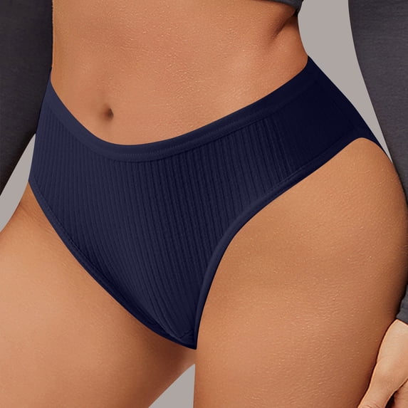 Voncos Wide Elastic Waistband Ribbed Womens Bikini Panties - Nylon Spandex Soft Breathable Chafe-Free, Navy Moderate Coverage Hipster Underwear S-XXL,Size L