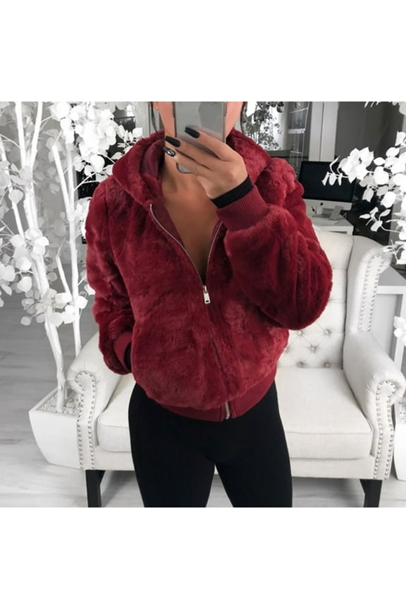 Winter Coats for Women Plush Warm Hooded Jacket Soft Lightweight Fleece Oversize Fall Jacket Wine 5XL