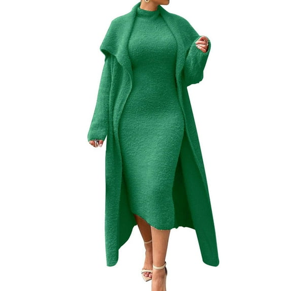 Voncos Winter Dresses Sets for Women Clearance Warm Plush Cardigan and Wrap Maxi Dress 2 Piece Outfit Sets