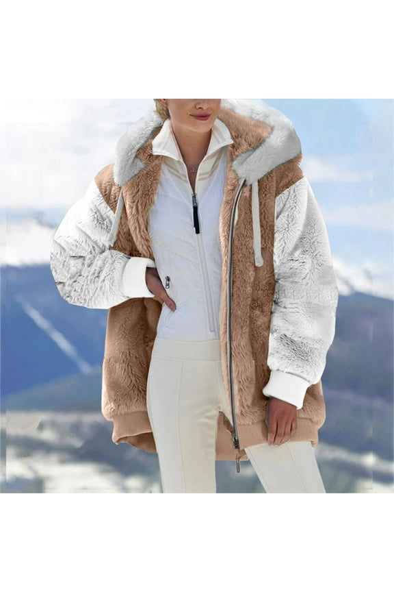 Winter Jacket for Womens Hooded Plush Fleece Jacket Lightweight Faux Fur Coat Outerwear Christmas Gift