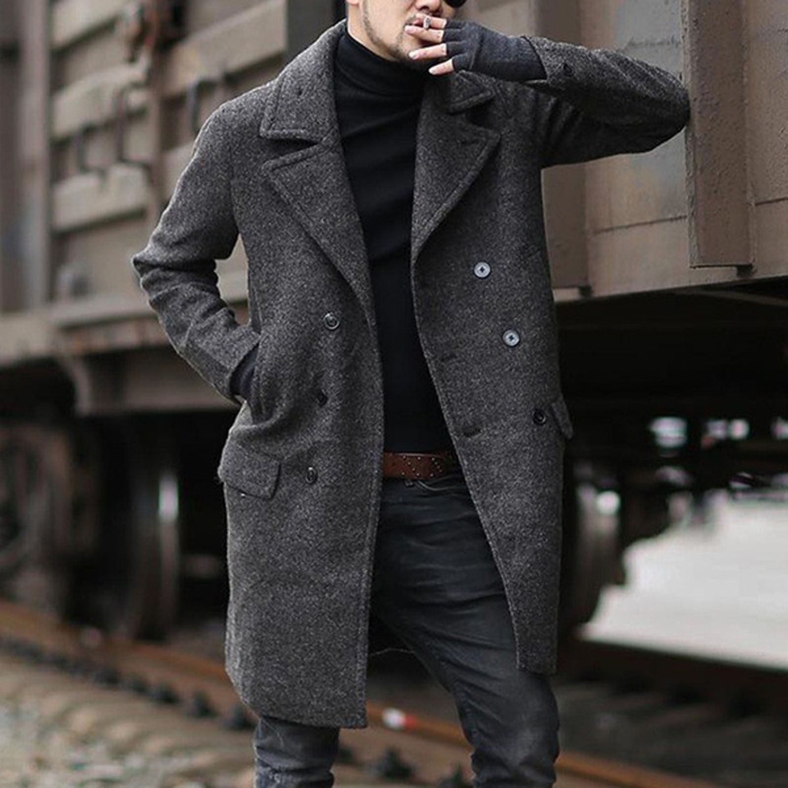 VONCOS Mens Wool Coat, Peacoat Collared, Button-Down, Long Sleeve