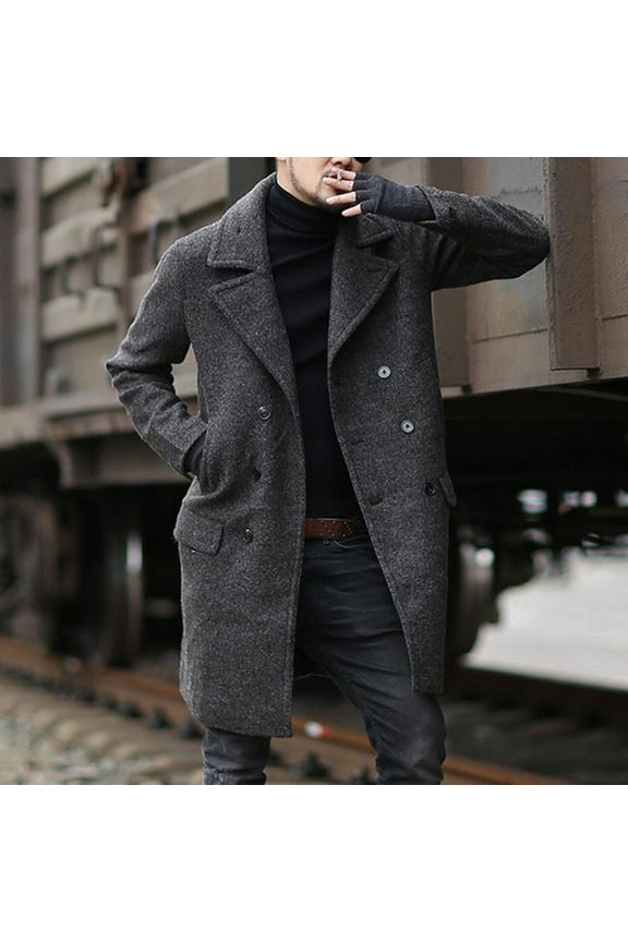 Winter Peacoat for Men Double Breasted Woolen Trench Coat Outerwear Fleece Jacket Christmas Gift